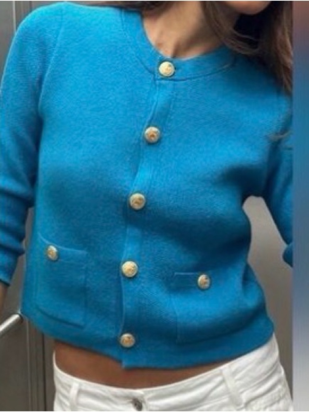 ZARA WOMAN PLAIN KNIT CARDIGAN GOLD BUTTONS BLUE Large